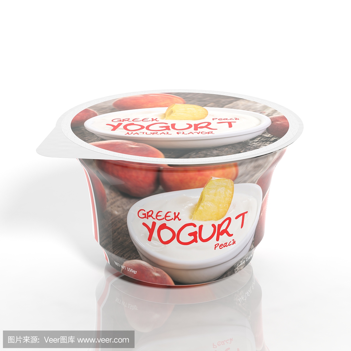 三维渲染的桃子酸奶塑料杯包装,孤立在白色的背景。