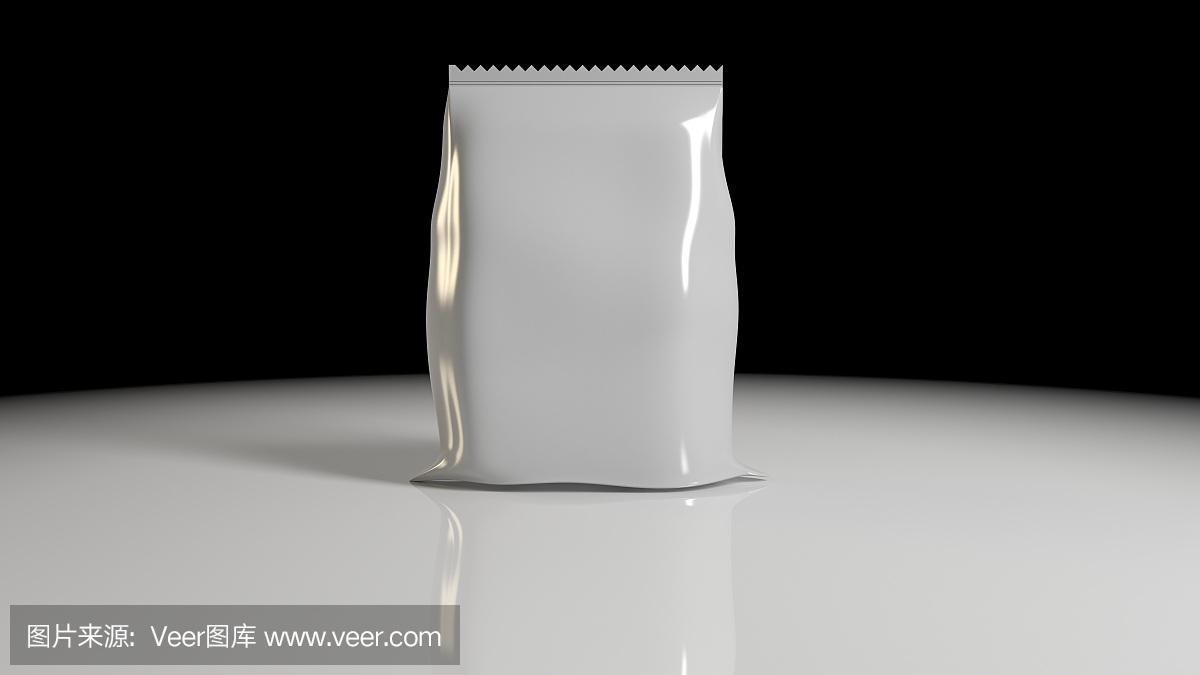 垂直密封空塑料箔袋包装设计与锯齿边缘关闭隔离在黑色背景的3d渲染